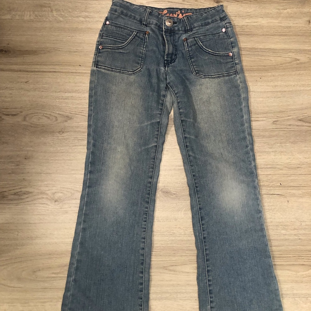 Womens Vintage SZ 14 Levi’s Stretchy Jeans Pink Embellishments Waist 28.5/30